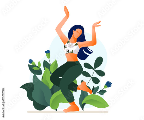 Happy dancing girl or woman dancing outdoor vector illustration. Morning dance. Aerobic fitness dance. 