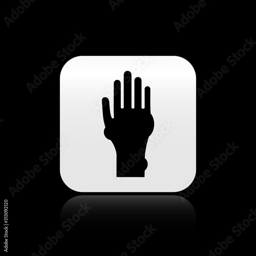 Black Hand with psoriasis or eczema icon isolated on black background. Concept of human skin response to allergen or chronic body problem. Silver square button. Vector Illustration