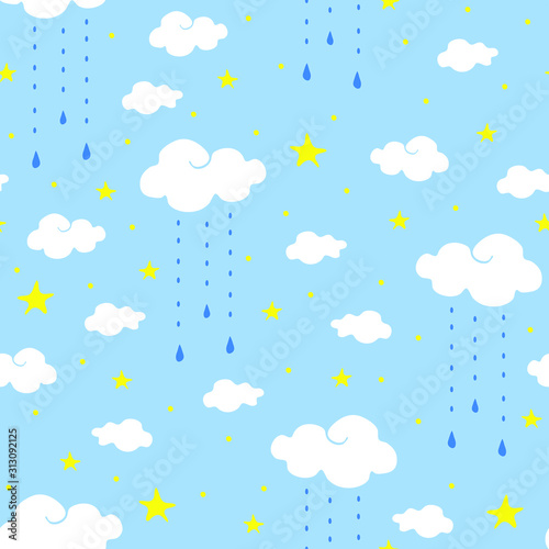 Seamless vector pattern with clouds and stars on blue background. Simple baby shower wallpaper design with sky.