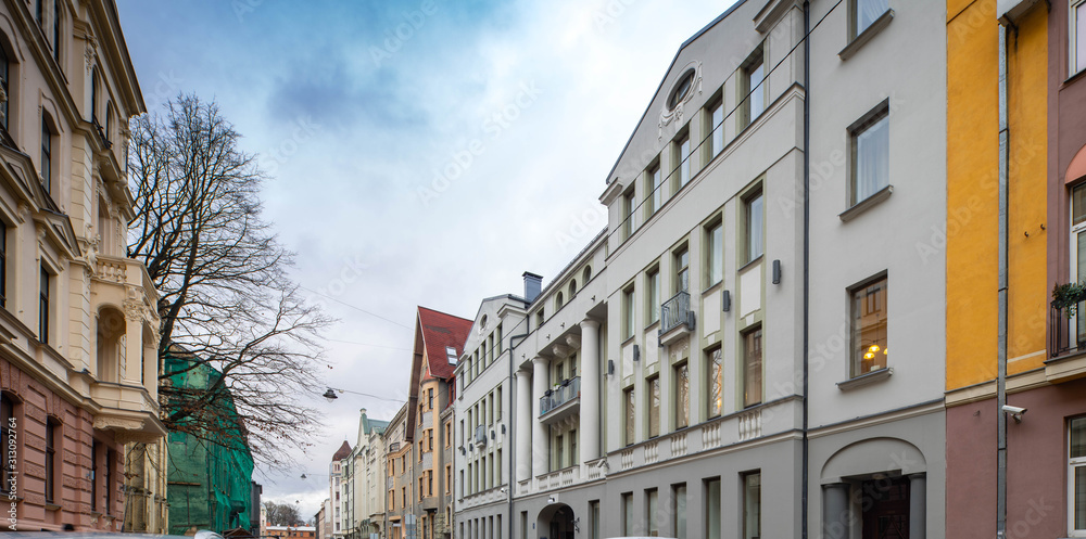 Obraz premium Modern buildings on the city street. Riga, Latvia. Art Nouveau architecture.