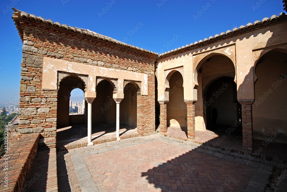 Patio aside Torre de Maldonado at the Nasrid Palace in Malaga castle, Malaga, Spain.