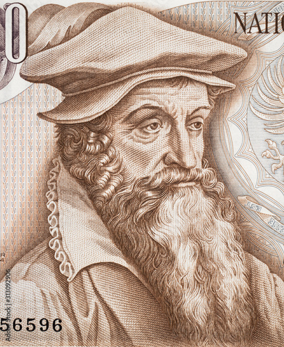 Gerardus Mercator (1512 - 1594) portrait on Belgium 1000 francs (1965) banknote. Famous cartographer, inventor of Mercator map projection. Vintage engraving. photo