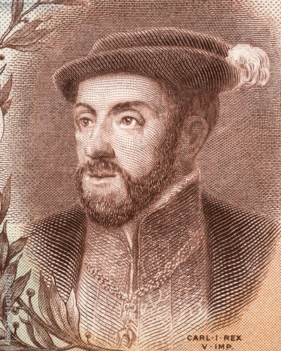Charles V (1500 - 1558) portrait on 1000 Spanish pesetas (1925). Holy Roman Emperor, King of Spain, Germany, Italy. Vintage engraving. photo