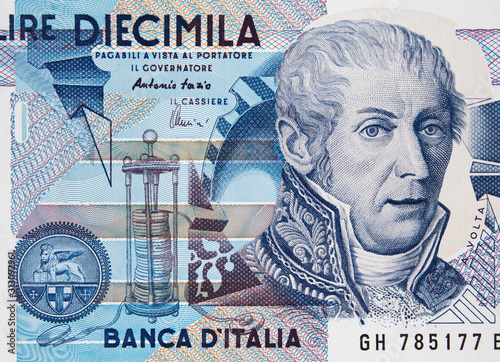 Alessandro Volta portrait on Italy 10000 lira (1984) banknote close up macro. Famous Italian physicist, inventor of the electric battery.