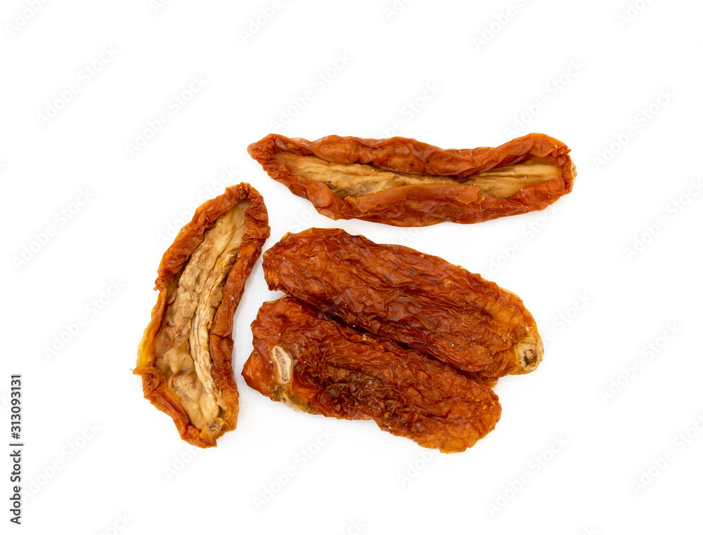 Dried red tomatoes isolated on white background