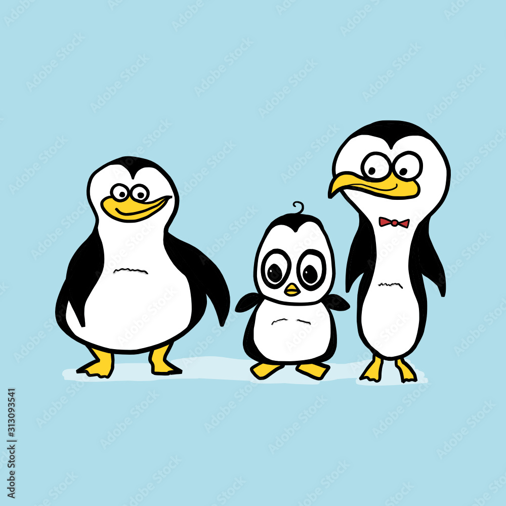 Naklejka premium Cartoon penguin family set. Penguin mother, dad and baby. Isolated vector illustration.