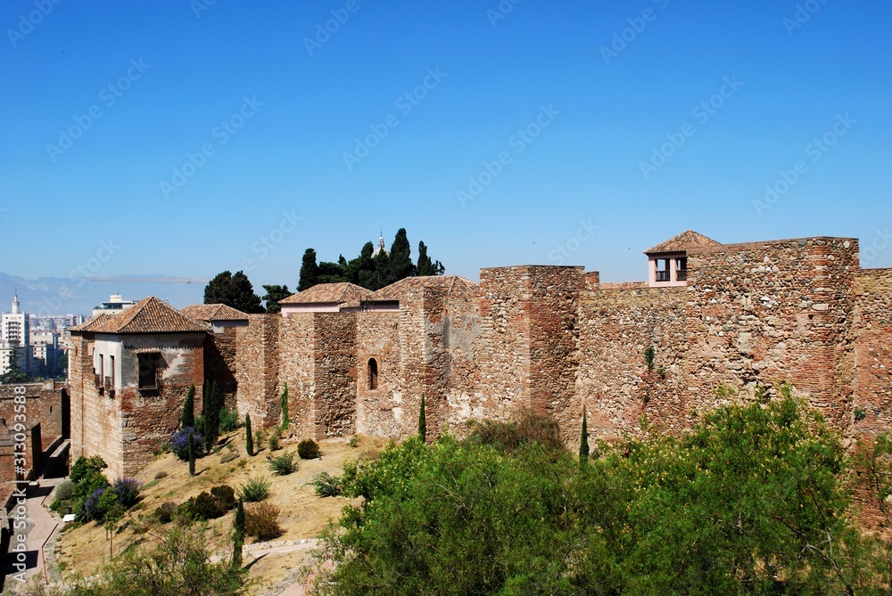 Upper walled precinct of the citadel viewed from the South at Malaga castle, Malaga, Spain.