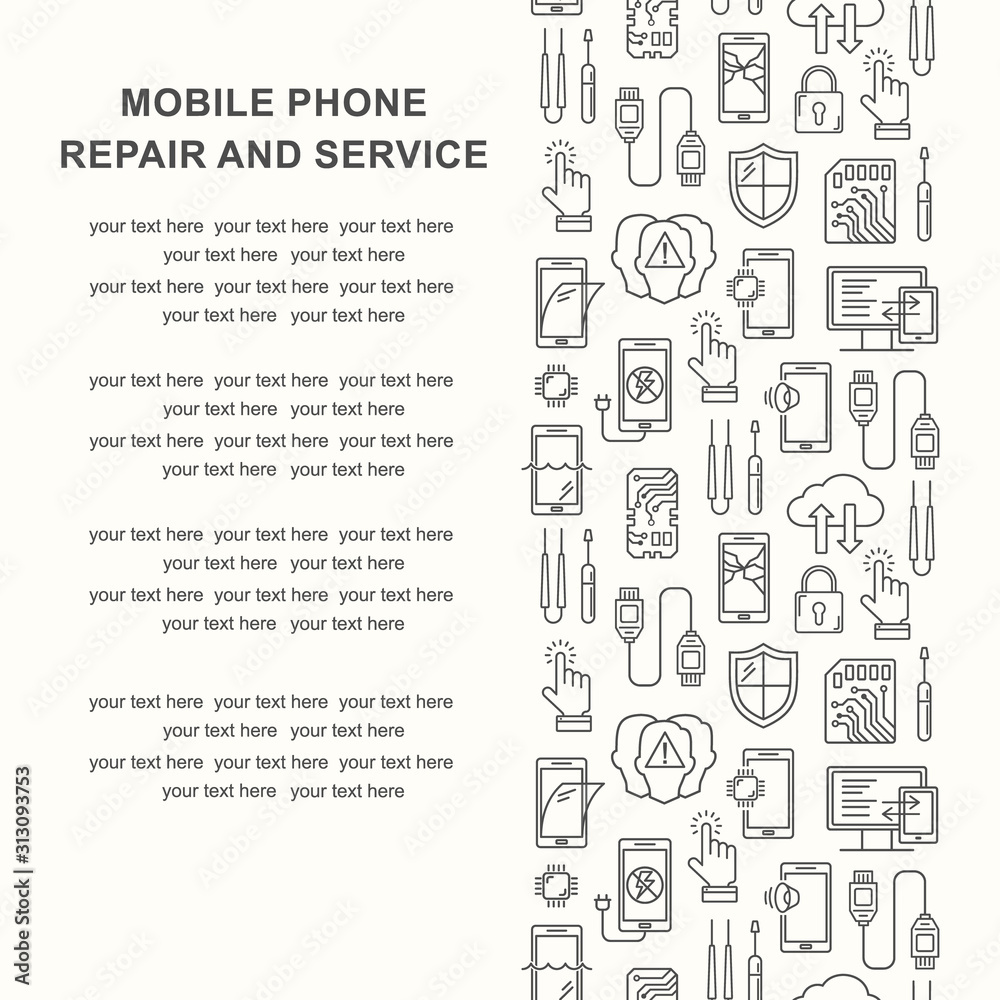 Mobile repair service, phone fix pattern with place for text. Smartphone common issues, repair, accessories background. Mobile service thin line flyer. Electronic equipment and technology
