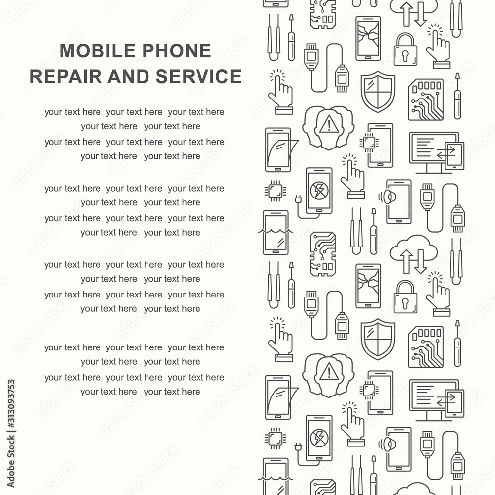 Mobile repair service, phone fix pattern with place for text. Smartphone common issues, repair, accessories background. Mobile service thin line flyer. Electronic equipment and technology Mobile repair service, phone fix pattern with place for text. Smartphone common issues, repair, accessories background. Mobile service thin line flyer. Electronic equipment and technology
