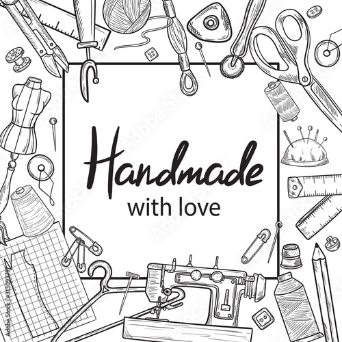 Tailor or dressmaker work and fashion designer atelier sketch items. Vector sewing illustration in retro vintage style