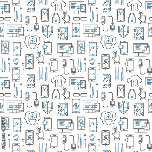 Mobile repair service, phone fix seamless pattern. Smartphone common issues, repair and accessories background. Mobile service thin line logotype and symbols. Electronic equipment, technology