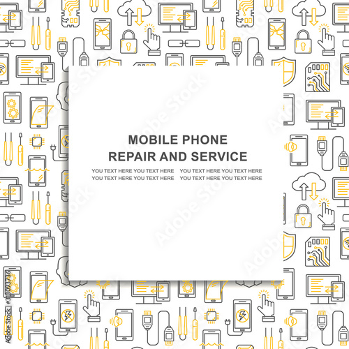Mobile repair service, phone fix pattern with place for text. Smartphone common issues, repair, accessories background. Mobile service thin line flyer. Electronic equipment and technology