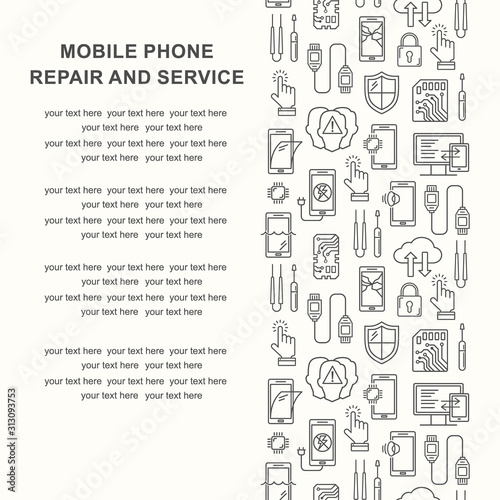 Mobile repair service, phone fix pattern with place for text. Smartphone common issues, repair, accessories background. Mobile service thin line flyer. Electronic equipment and technology
