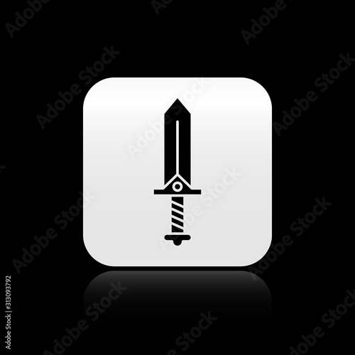 Black Sword for game icon isolated on black background. Silver square button. Vector Illustration