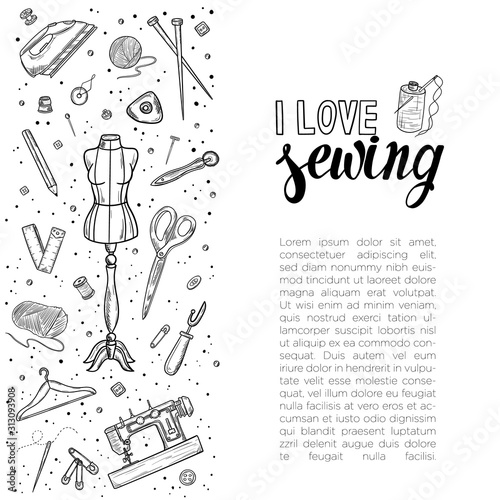 Tailor or dressmaker work and fashion designer atelier sketch items. Vector sewing illustration in retro vintage style