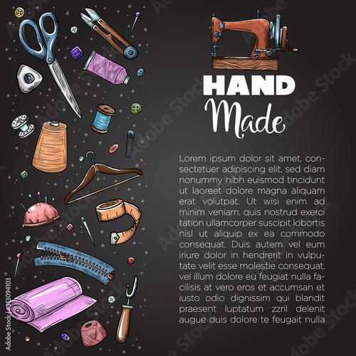 Tailor or dressmaker work and fashion designer atelier sketch items. Vector sewing illustration in retro vintage style on blackboard