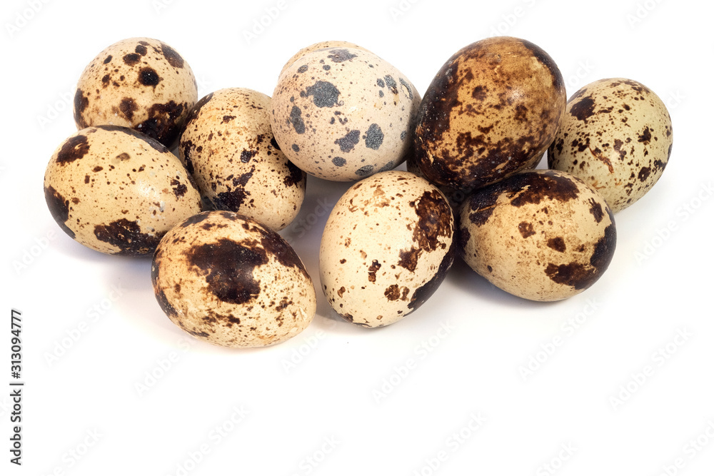 Raw quail eggs on white background