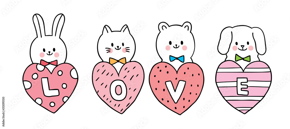 Cartoon cute Valentines day cat and dog and rabbit and bear and big hearts vector. Cartoon cute Valentines day cat and dog and rabbit and bear and big hearts vector.