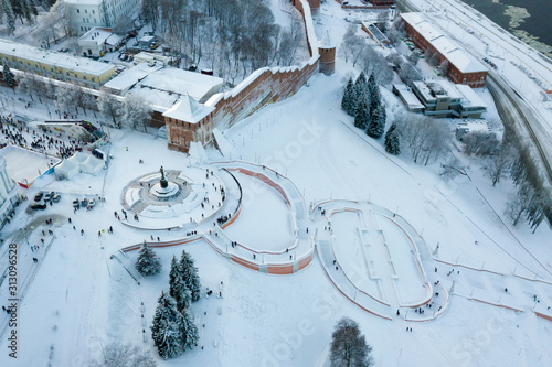 View of the Nizhny Novgorod Kremlin and Chkalov stairs in winter photo