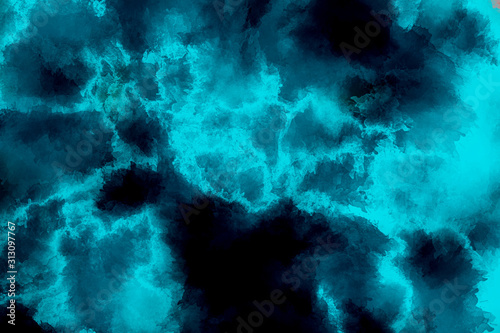 Dark blue background abstract lightning painting texture with variety paint streaks and spots pattern in cyan turquoise colors