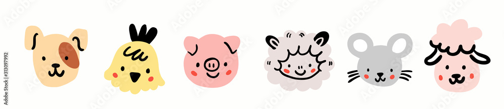 Fototapeta premium Dog, chicken, pig, sheep, mouse, goat round face