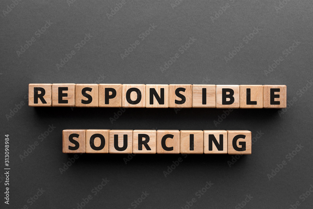 Responsible sourcing - word from wooden blocks with letters, responsible sourcing concept, gray background Responsible sourcing - word from wooden blocks with letters, responsible sourcing concept, gray background