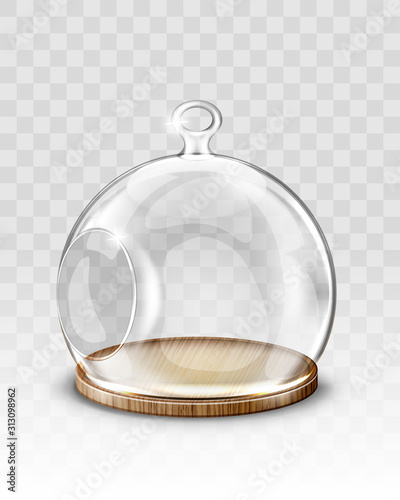 Glass christmas ball, hanging dome with hole, candle holder or flower terrarium realistic vector. Glass clear figure with empty space for decoration xmas tree, isolated object for festive home decor