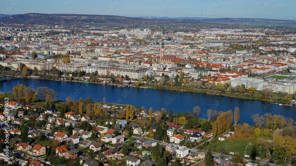 Panoramic aerial view of the Vienna city, Austria, Europe.