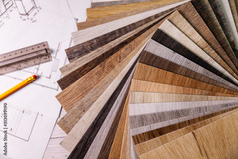 wood texture furniture laminate material samples and interior design plans - obrazy, fototapety, plakaty 