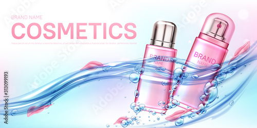 Cosmetic moisturizing beauty product in water flow, flower petals realistic vector poster. Pink elegant spray bottle for female deodorant, perfume floating in sparkling water with bubbles, lens flare