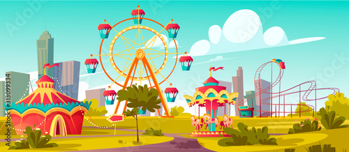 Amusement park, carnival or festive fair cartoon vector illustration. Circus tent arrow pointer, carousel, merry-go-round, ferris wheel and roller coaster, children summer city fun nature background