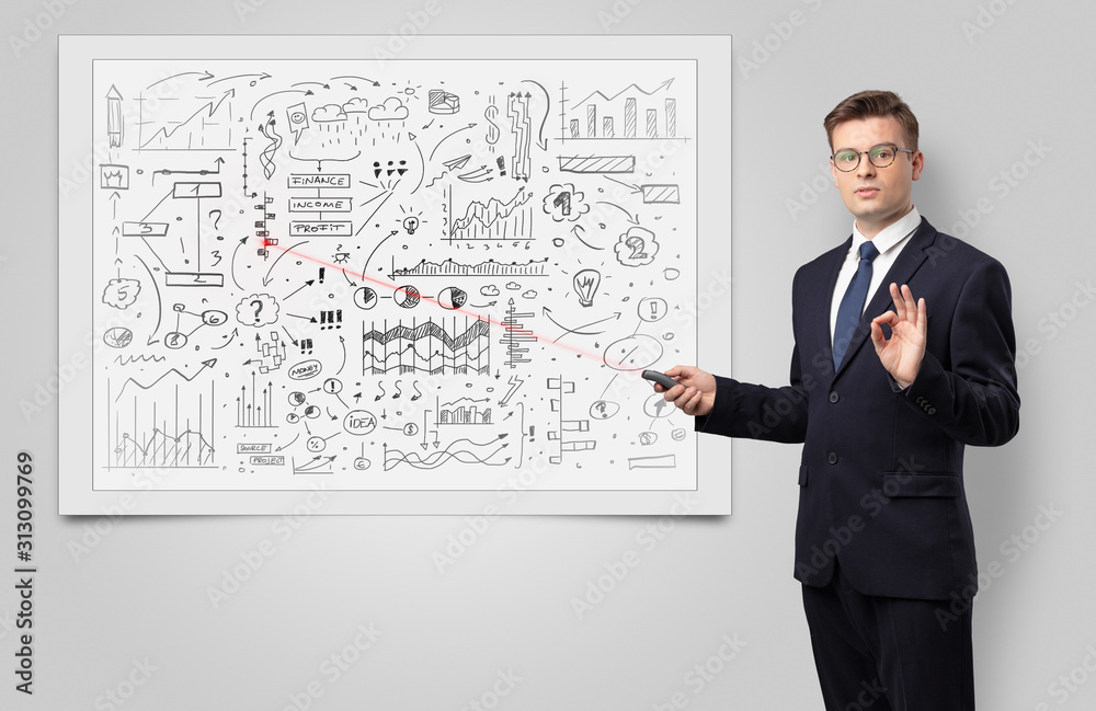 Professor with laser pointer teaching business theories Professor with laser pointer teaching business theories