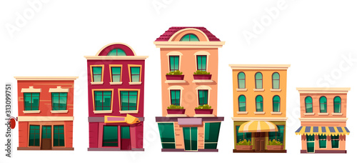Urban retro residential buildings with small shops and cafe, set cartoon vector illustration. Vintage houses with restaurant, bakery or local shops isolated on white background.