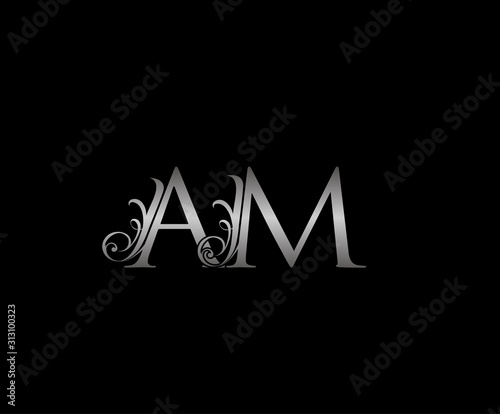 Classy letter A, M and AM  Vintage Silver Floral Logo Icon.