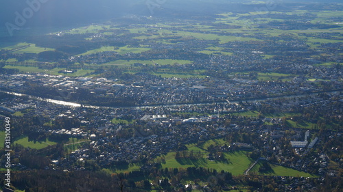 Fototapeta Naklejka Na Ścianę i Meble -  Aerial panorama of Salzburg from the top of Untersberg mountain in Austria.