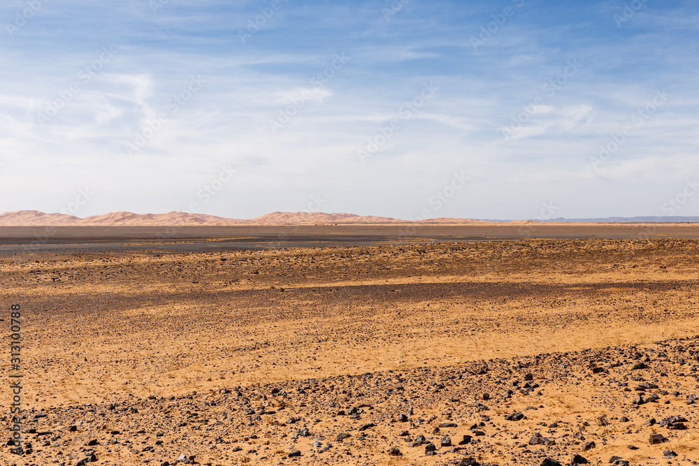 view of Erg Chebbi Dunes, Sahara desert landscape, Morocco.