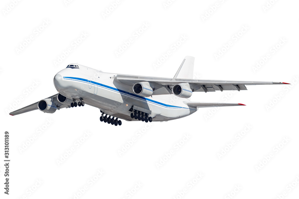 Flying big cargo plane with released landing gear isolated on a white background