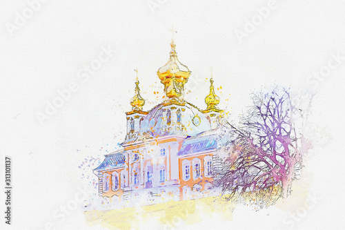 Watercolor drawing of Grand Palace at Peterhof Palace Saint petersburg Russia. photo
