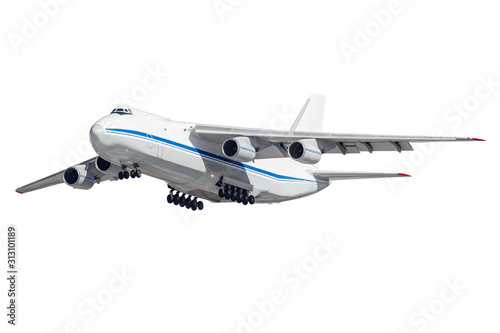 Flying big cargo plane with released landing gear isolated on a white background