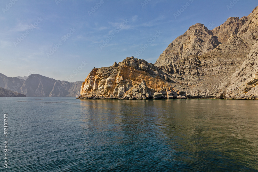 Oman fjords sea mountain landscape, Khasab, Musandam peninsula.