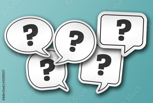 speech bubble stickers with question marks isolated on blue background, Q and A or frequently asked questions concept