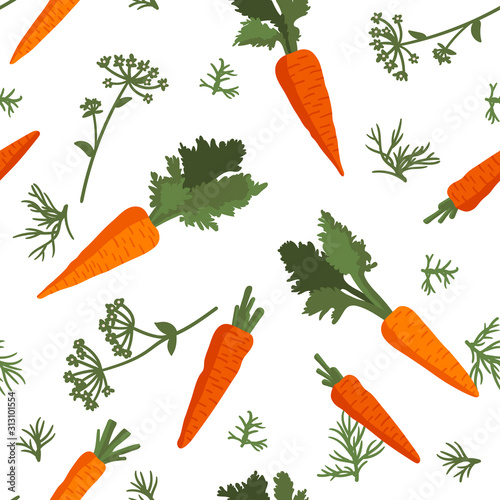 Vector summer pattern with carrots, flowers and leaves. Seamless texture design.