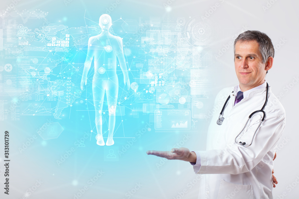 Middle aged scientist with full body map concept