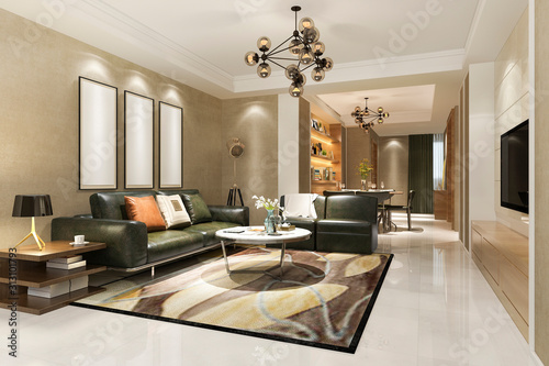 3d rendering modern dining room and kitchen with living room with luxury decor