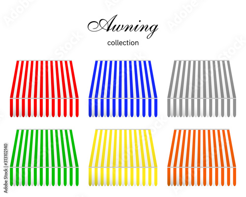 Striped awning collection in 6 color. Decoration elements from the front, on white isolated background.