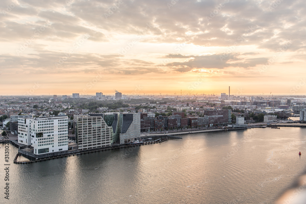 Aeriel view of the river Ij in Amsterdam before sunset