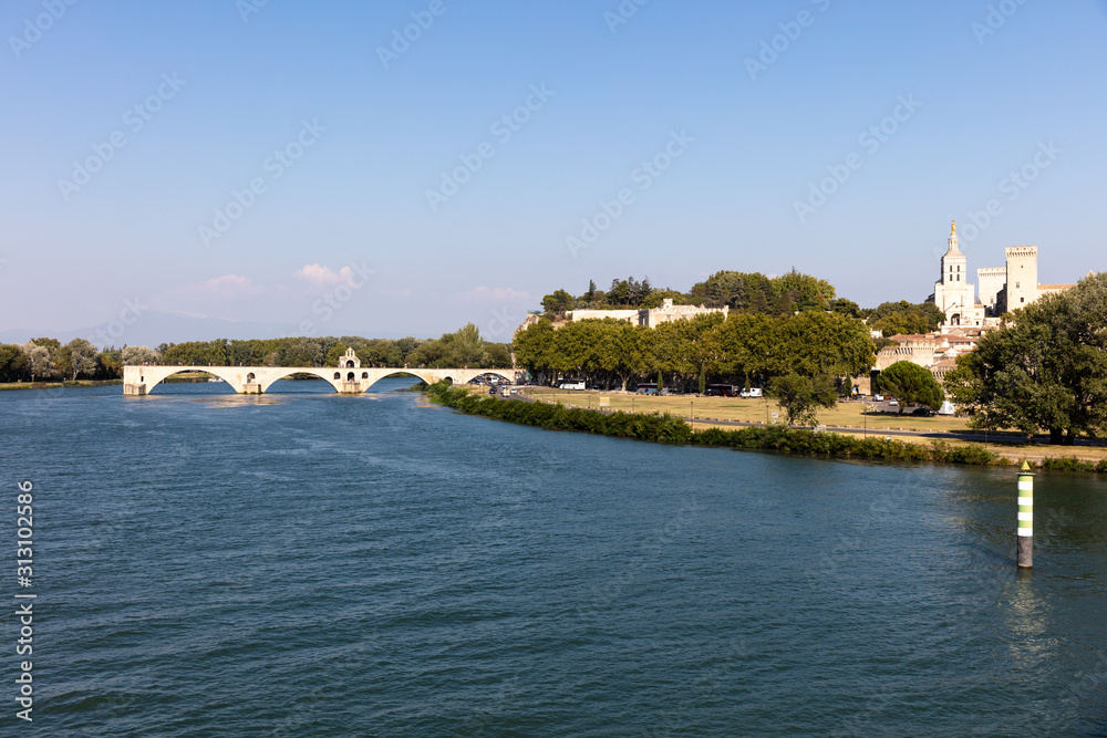Pont du Avignon over Rhone river - Palais des papes and Notre dame des dome cathedral at Avignon - France