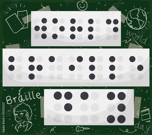 Chalkboard with Doodles and Message for World  Braille Day, Vector Illustration