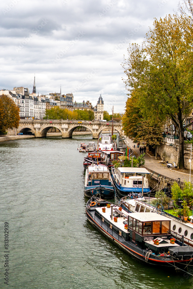 View of Seine river from Pont des arts during Autumn season in the afternoon cloudy day . One of the most important bridge in  the heart of Paris , France