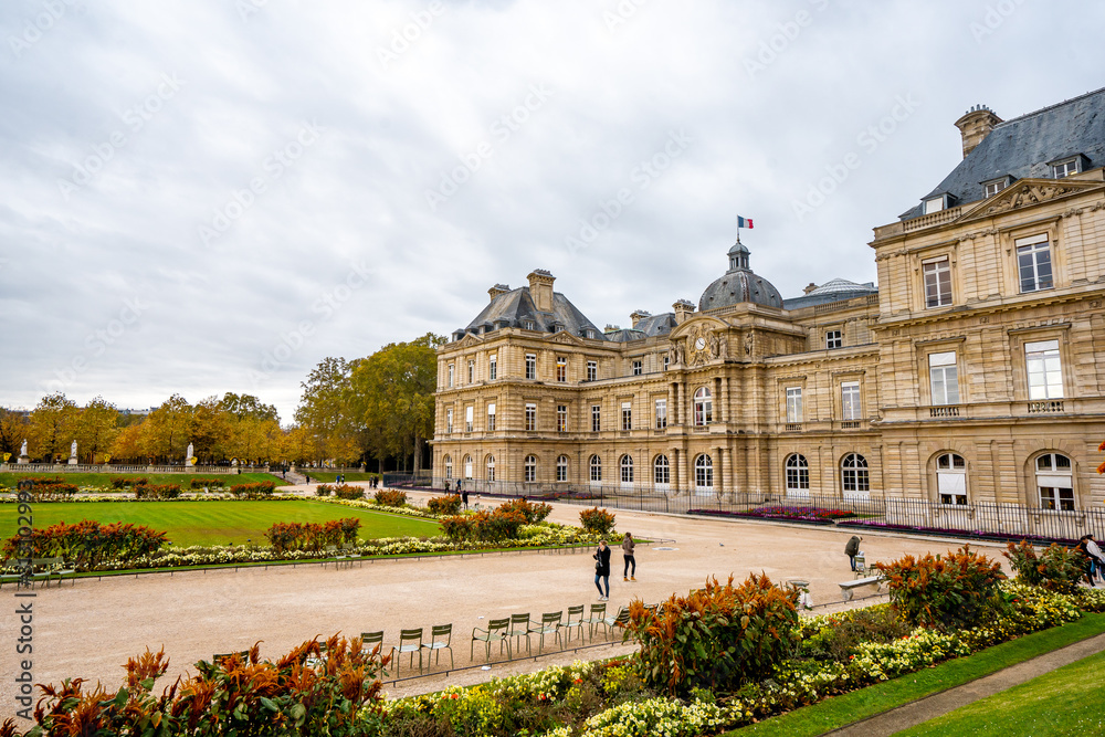 View of Luxembourg Palace during Autumn season in the afternoon cloudy day . One of the most important palace in  the heart of Paris , France